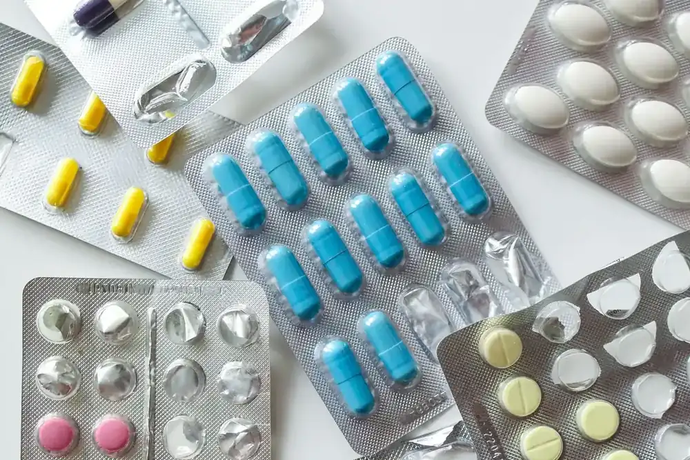 Blister packs of assorted tablets and capsules